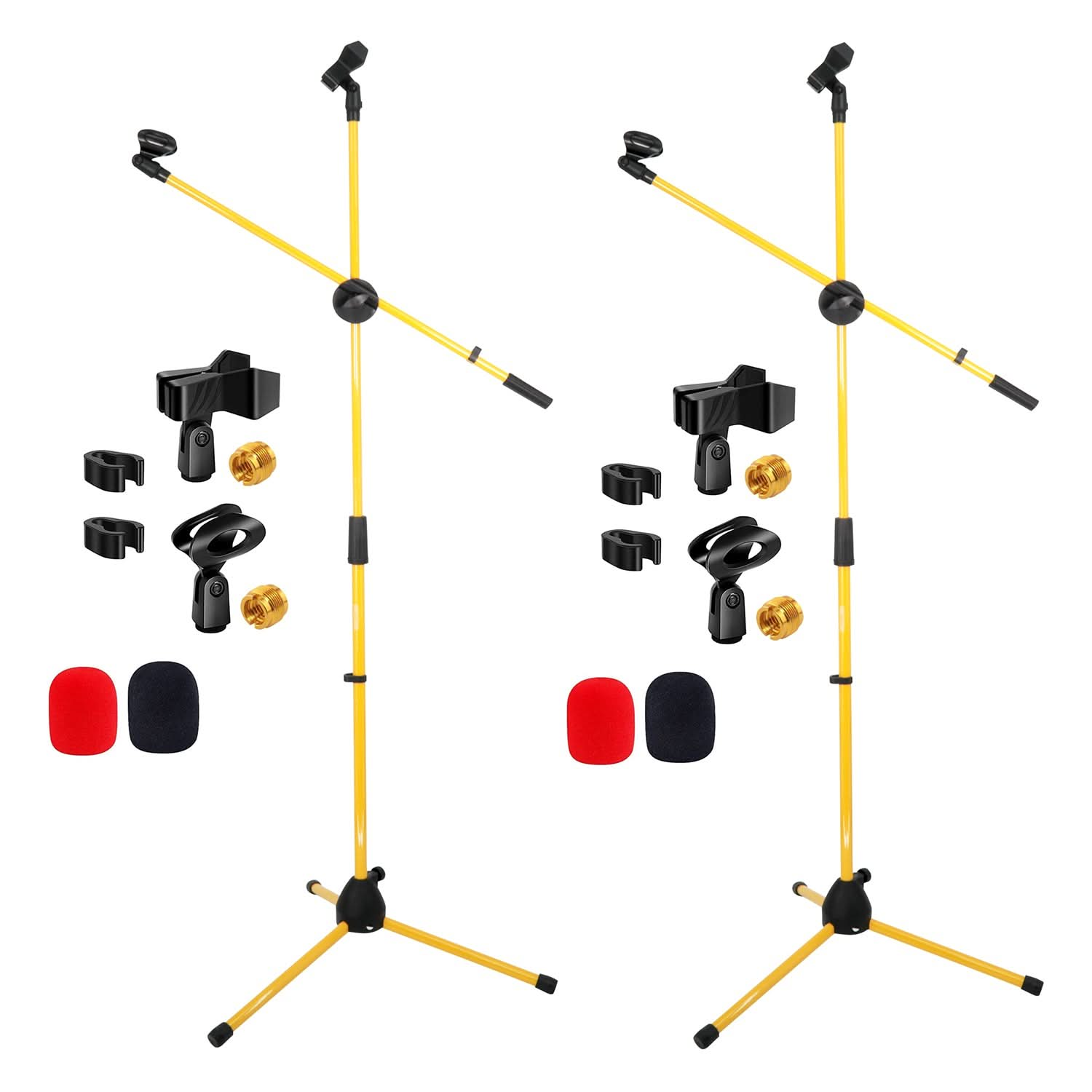 Start2Finish 5 Core Dual Microphone Stand 2 Pack with adjustable tripod and boom arm, yellow color, suitable for recording or live performances.