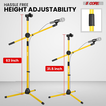Start2Finish 5 Core Dual Microphone Stand 2 Pack with adjustable tripod and boom arm in yellow, suitable for stage or studio use.