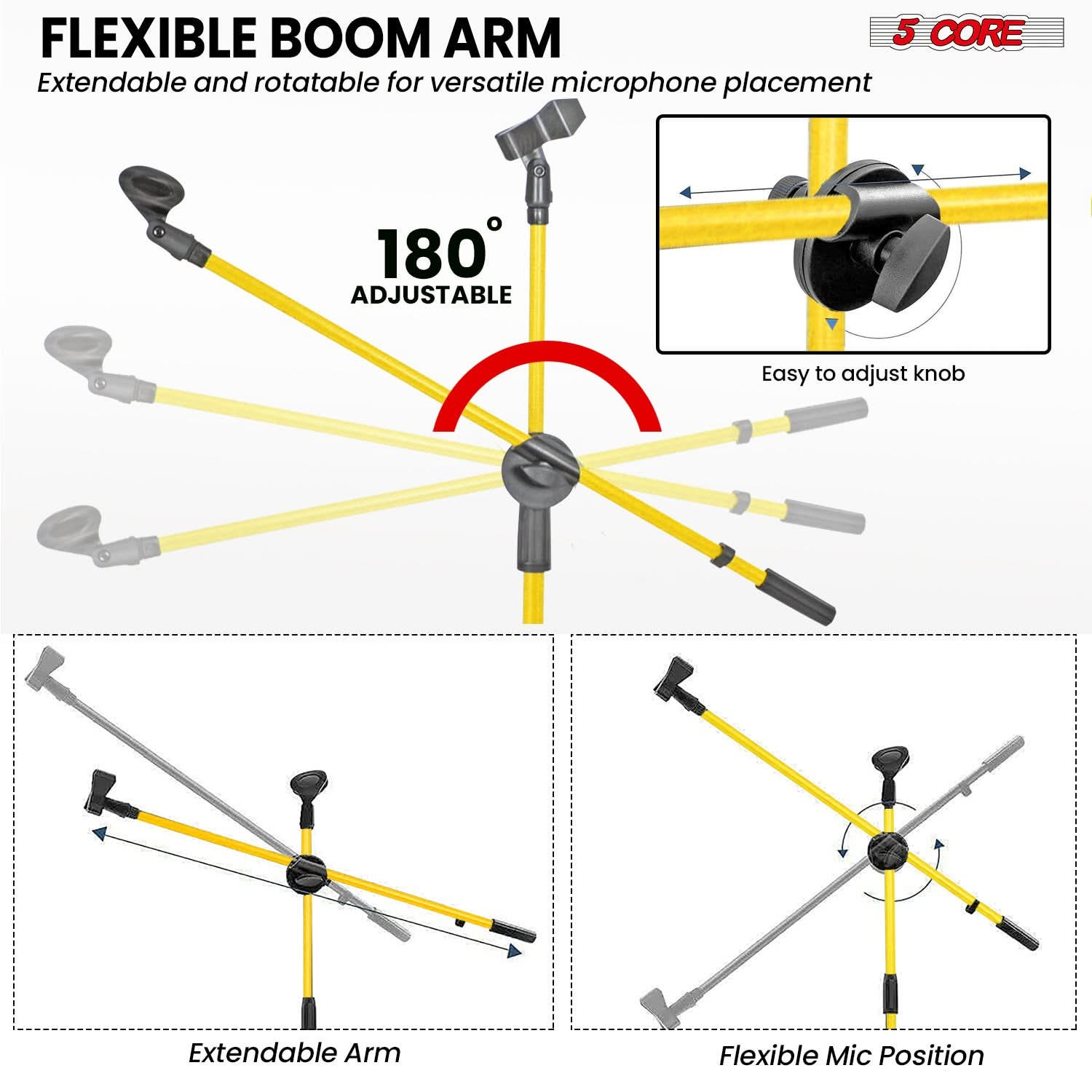 Start2Finish 5 Core Dual Microphone Stand 2 Pack with adjustable tripod and boom arm, yellow, for studio or stage use