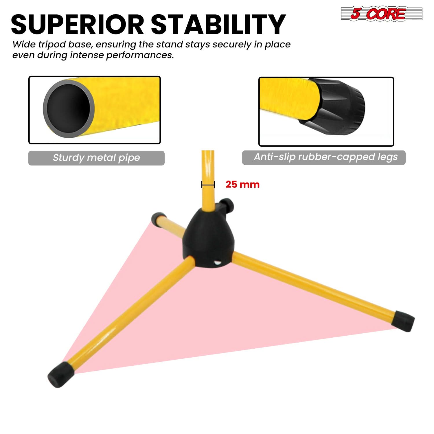 Start2Finish 5 Core Dual Microphone Stand 2 Pack with adjustable tripod and boom arm, yellow color, for professional audio setups.