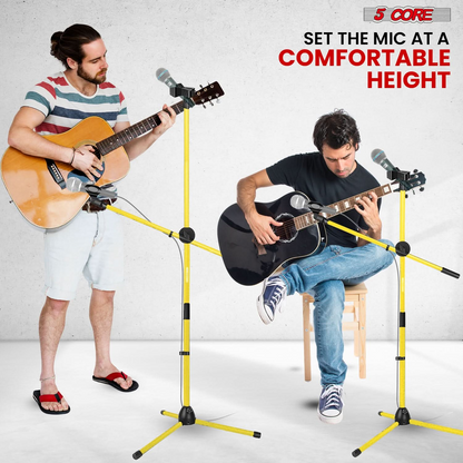 Start2Finish 5 Core Dual Microphone Stand 2 Pack with adjustable tripod, boom arm, and yellow finish, shown with microphone attachments.
