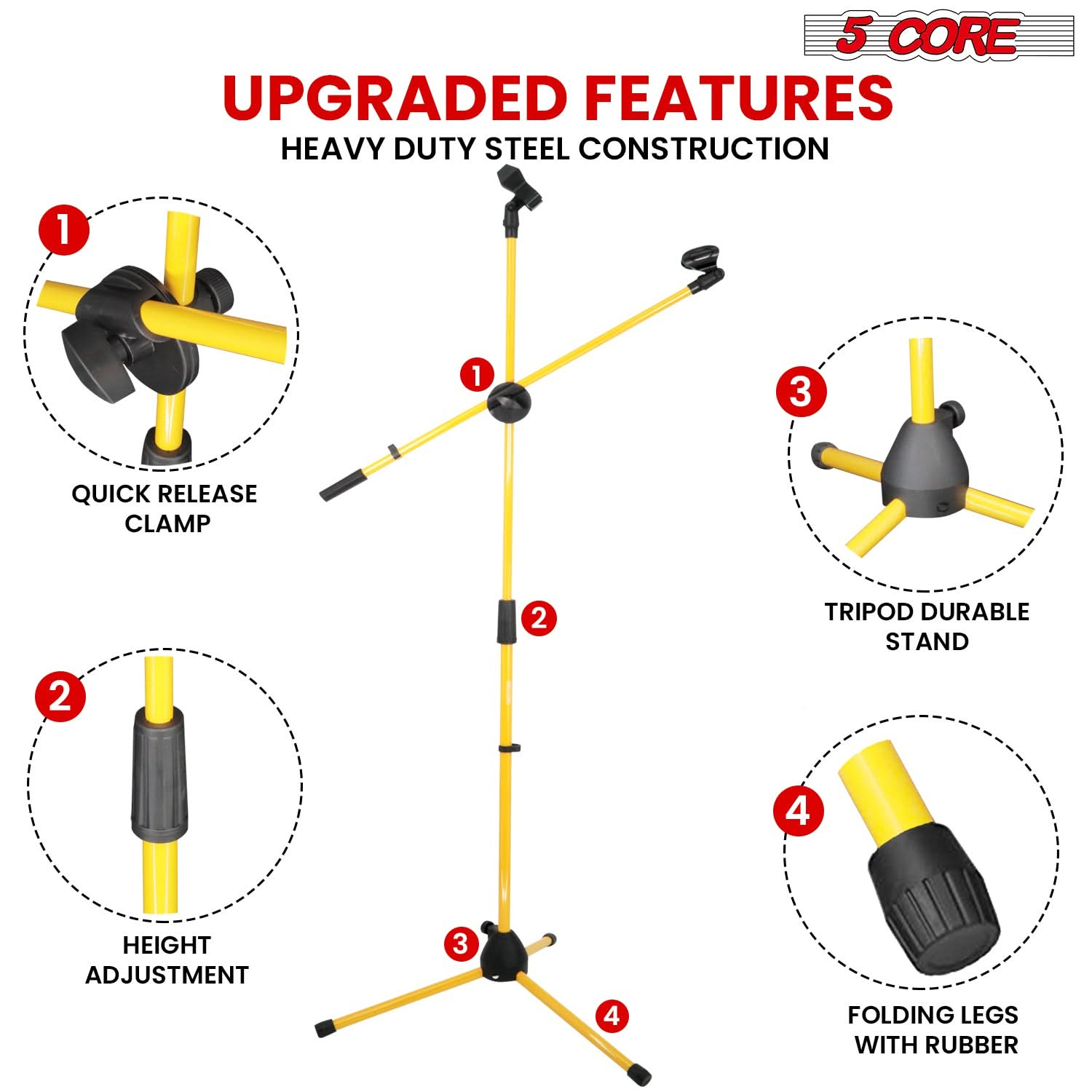 Start2Finish 5 Core Dual Microphone Stand 2 Pack with adjustable tripod and boom arm, yellow, for stage and studio use.