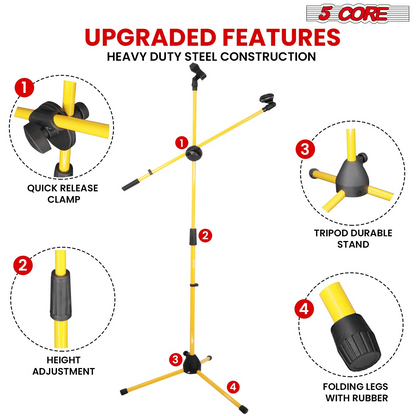 Start2Finish 5 Core Dual Microphone Stand 2 Pack with adjustable tripod and boom arm, yellow, for stage and studio use.