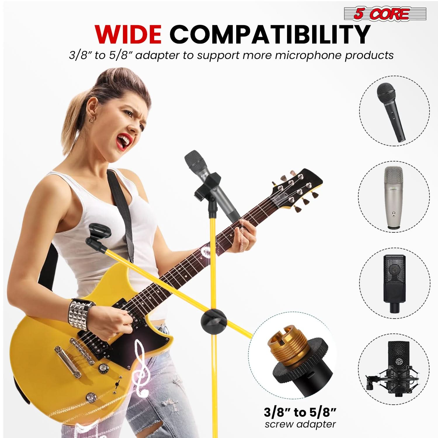 Start2Finish 5 Core Dual Microphone Stand 2 Pack featuring adjustable tripod floor stands with boom arms in yellow.