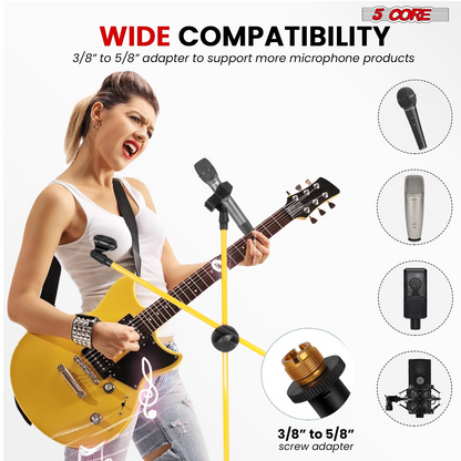 Start2Finish 5 Core Dual Microphone Stand 2 Pack featuring adjustable tripod floor stands with boom arms in yellow.