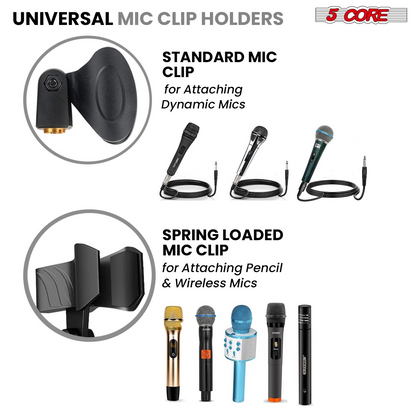 Start2Finish 5 Core Dual Microphone Stand 2 Pack with adjustable tripod and boom arm, yellow, showing the microphone holders and stands