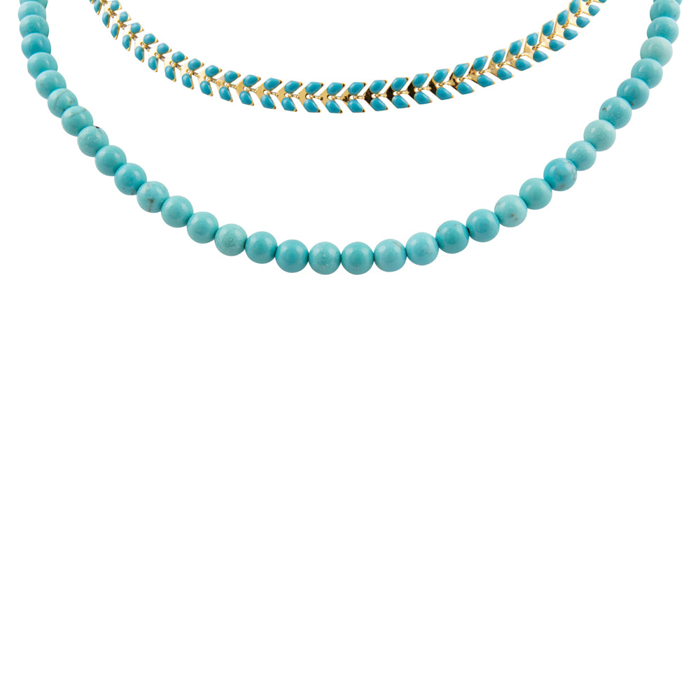 Blue turquoise magnesite layers with golden chevron pendant necklace by Start2Finish, showcasing layered jewelry design and vibrant colors.