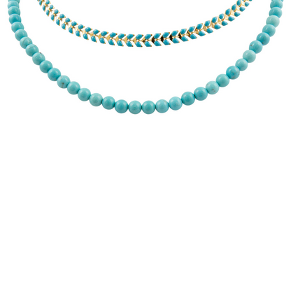 Blue turquoise magnesite layers with golden chevron pendant necklace by Start2Finish, showcasing layered jewelry design and vibrant colors.