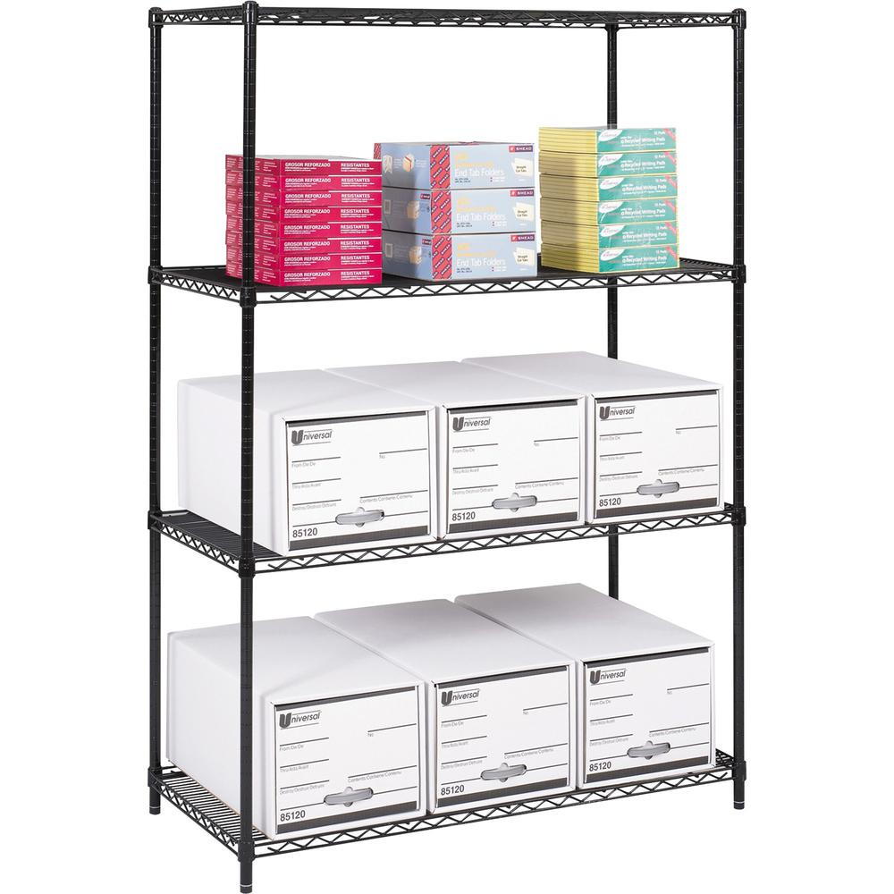 Safco Start2Finish industrial wire shelving unit, 48x24x72 inches with four adjustable black powder-coated steel shelves.