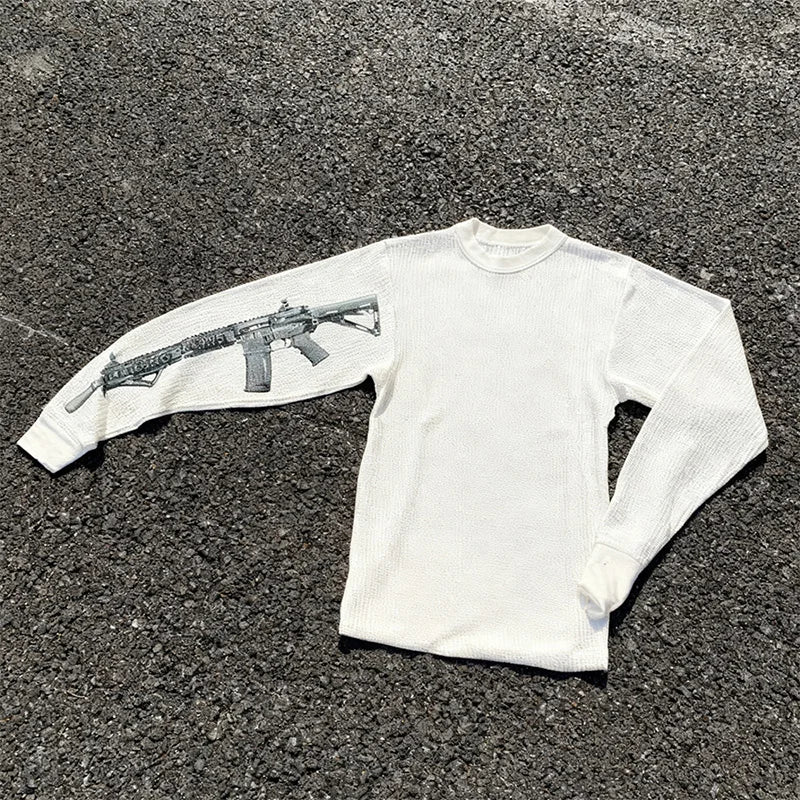 Start2Finish Y2K retro loose gun color round neck sweater with gothic punk cartoon design, casual Harajuku streetwear fashion.