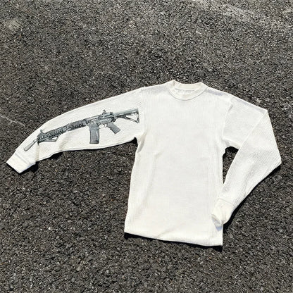 Start2Finish Y2K retro loose gun color round neck sweater with gothic punk cartoon design, casual Harajuku streetwear fashion.