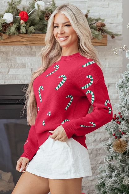 Byzantium Bay Christmas Candy Cane Drop Shoulder Sweater featuring festive red and white candy cane pattern on cozy knit fabric.