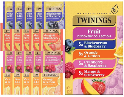 Start2Finish Twinings Fruit Discovery herbal tea bags collection with 20 or 80 individually wrapped tea bags in colorful packaging.