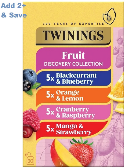 Start2Finish Twinings Fruit Discovery herbal tea bags collection, 20 or 80 individually wrapped fruit-flavored tea bags for hot beverages.