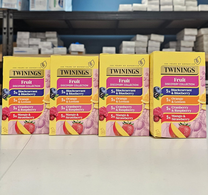 Start2Finish Twinings Fruit Discovery herbal tea bags, 20 or 80 individually wrapped, featuring vibrant fruit infusion flavors.