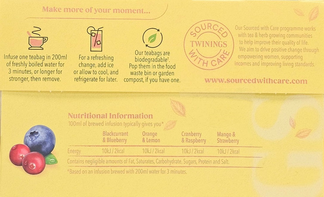 Twinings Fruit Discovery herbal tea bags from Start2Finish, featuring 20 or 80 individually wrapped tea bags with colorful fruit and herbal blends.