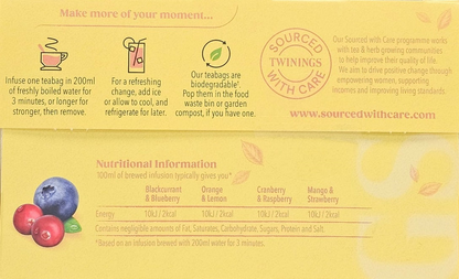 Twinings Fruit Discovery herbal tea bags from Start2Finish, featuring 20 or 80 individually wrapped tea bags with colorful fruit and herbal blends.