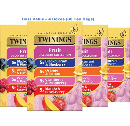 Twinings Fruit Discovery Collection herbal tea bags in assorted flavors, individually wrapped, displayed in a box.