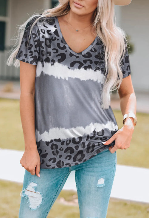 Pear Daisy leopard V-neck short sleeve T-shirt, casual home and garden wear with a stylish animal print design.