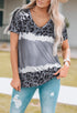 Pear Daisy leopard V-neck short sleeve T-shirt, casual home and garden wear with a stylish animal print design.