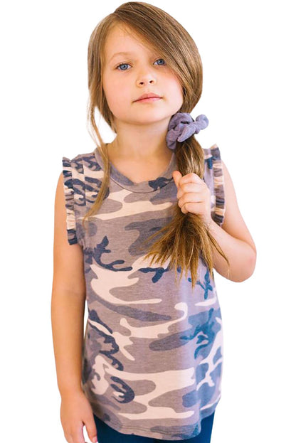 Camo print flounced armholes girl’s tank top by Jade, lightweight sleeveless top with ruffle details and camo pattern.