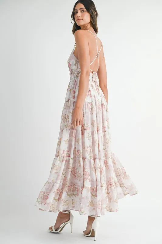 Pear Daisy floral print tiered cami maxi dress with adjustable straps and flowing fabric, perfect for casual summer wear.