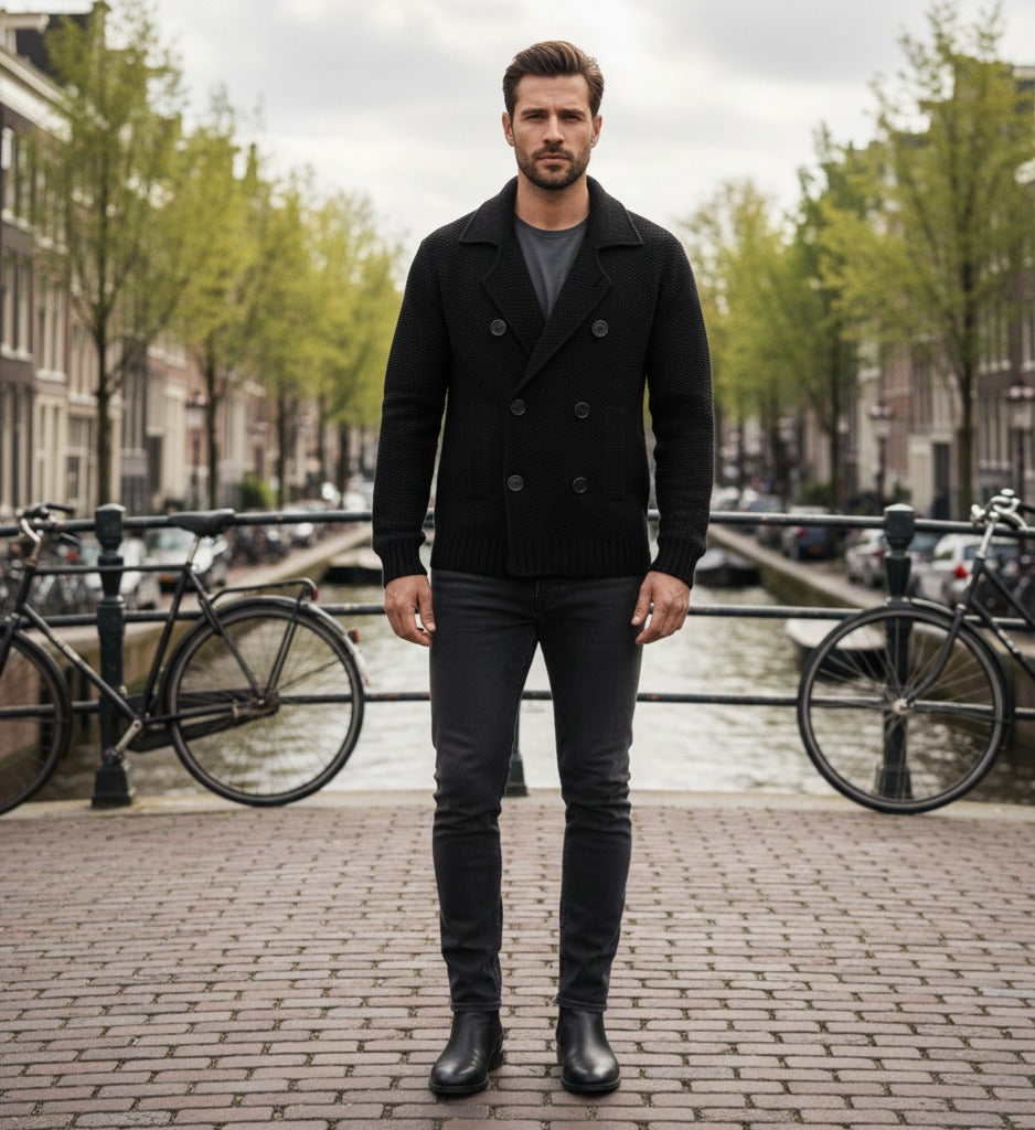 Start2Finish black cashmere double-breasted pea coat in seed stitch, featuring classic collar and button details.
