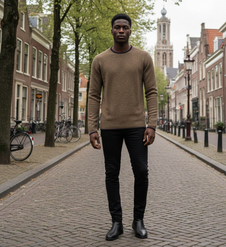 Start2Finish cashmere crew neck sweater with rice stitch camel pattern, soft and cozy apparel for stylish comfort.