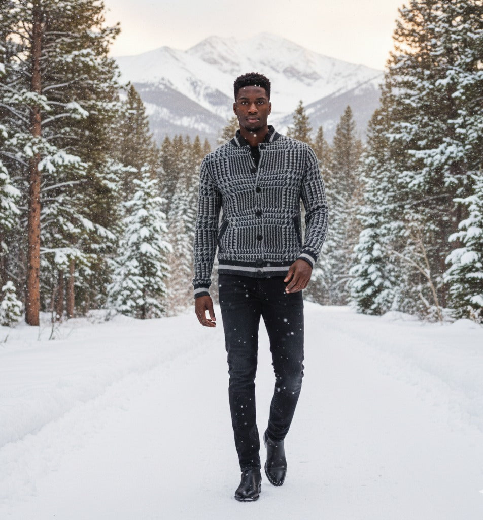 Start2Finish charcoal grey cashmere bomber jacket with houndstooth stitch, stylish and cozy apparel for casual wear.