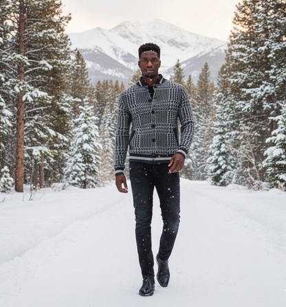 Start2Finish charcoal grey cashmere bomber jacket with houndstooth stitch, stylish and cozy apparel for casual wear.