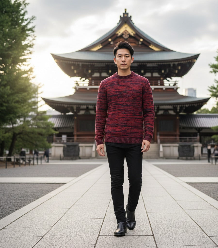Start2Finish cashmere sweater in melange red navy and chaux with crew neck, showcasing soft knit fabric and color-block design.