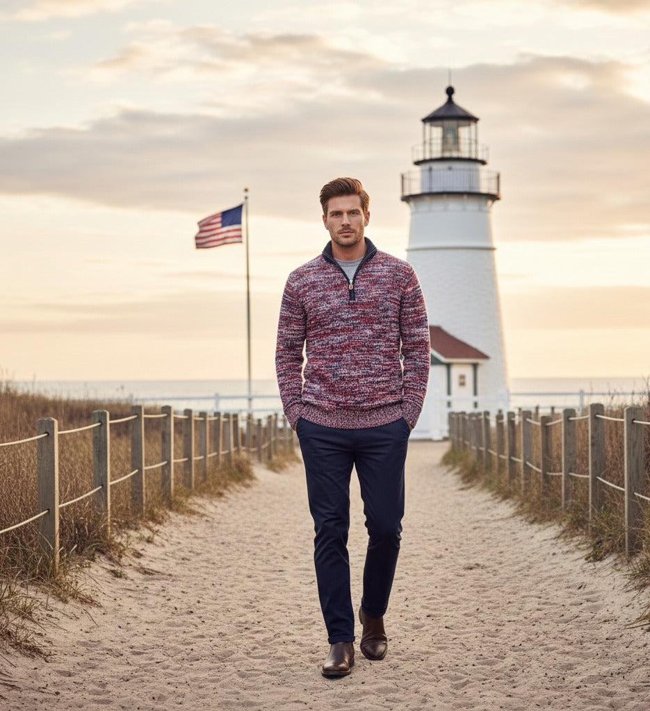 Start2Finish cashmere half zip sweater in melange red, navy, and white, featuring a cozy knit design and half zip collar.