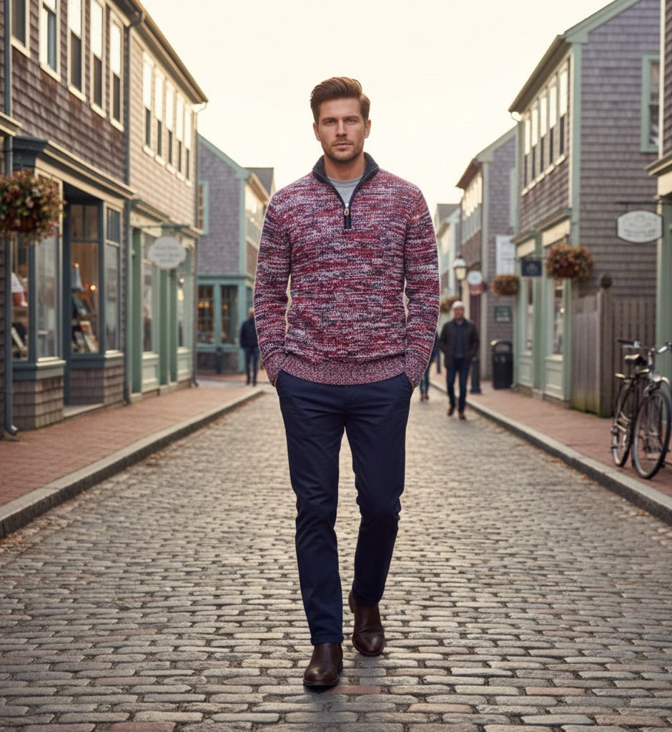 Start2Finish cashmere half zip sweater in melange red, navy, and white, featuring a cozy, stylish design.