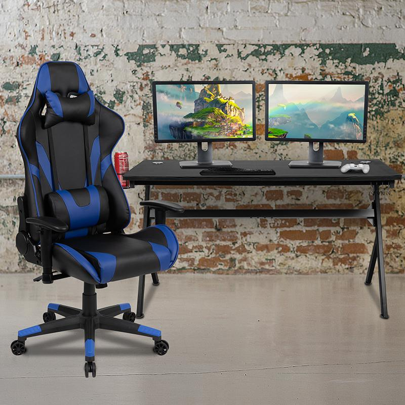 Start2Finish gaming desk with blue and black reclining gaming chair set, featuring a spacious work surface and ergonomic design.