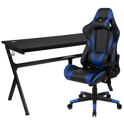 Start2Finish gaming desk with a blue and black reclining gaming chair set, featuring a spacious surface and ergonomic design.