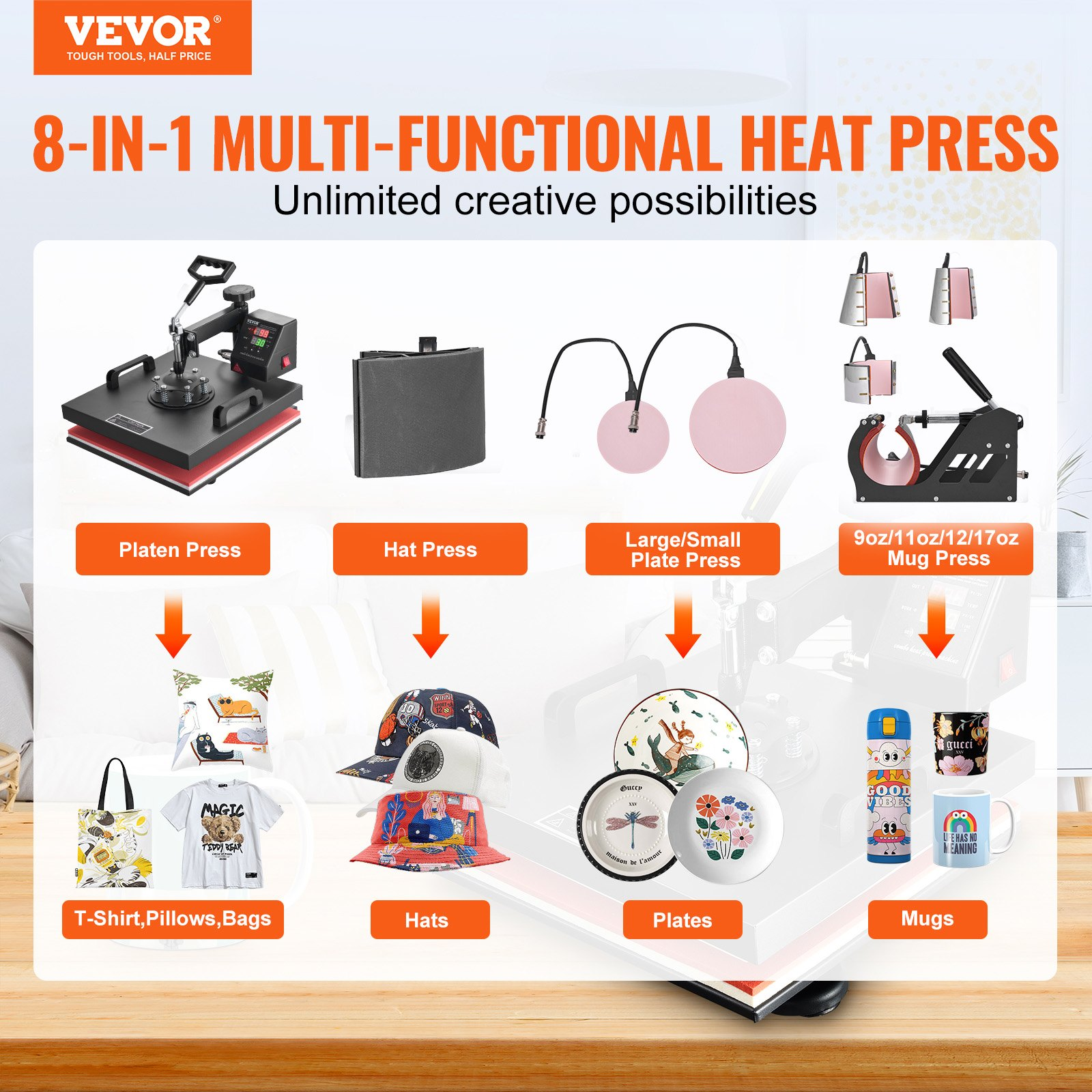 Start2Finish VEVOR 8-in-1 15x15 inch heat press machine with swing-away design for sublimation, vinyl, and heat transfer projects.