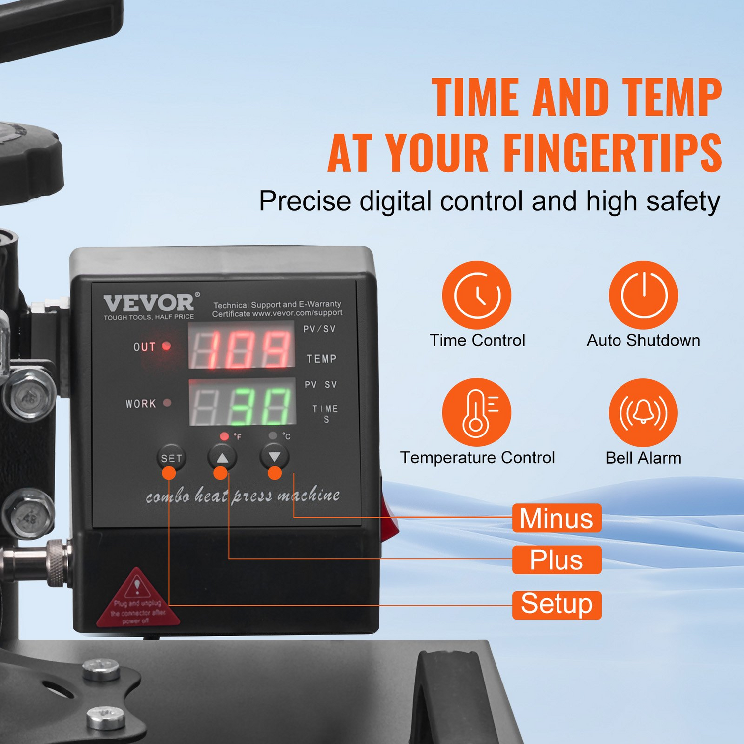 Start2Finish VEVOR 8-in-1 15x15 inch heat press machine with swing-away design for sublimation, heat transfer, and vinyl projects.
