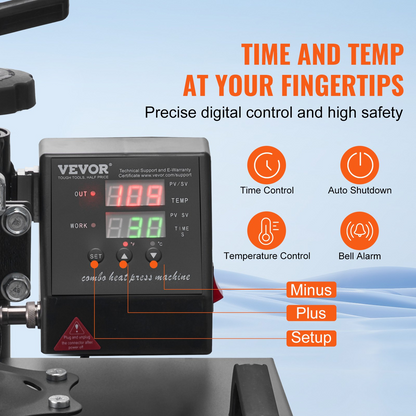Start2Finish VEVOR 8-in-1 15x15 inch heat press machine with swing-away design for sublimation, heat transfer, and vinyl projects.