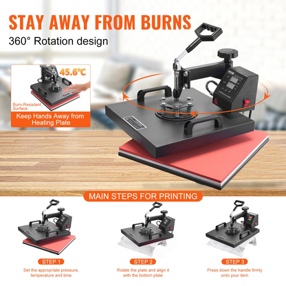 Start2Finish VEVOR 8-in-1 heat press machine with 15x15 inch platen, swing-away design for sublimation and heat transfer projects.