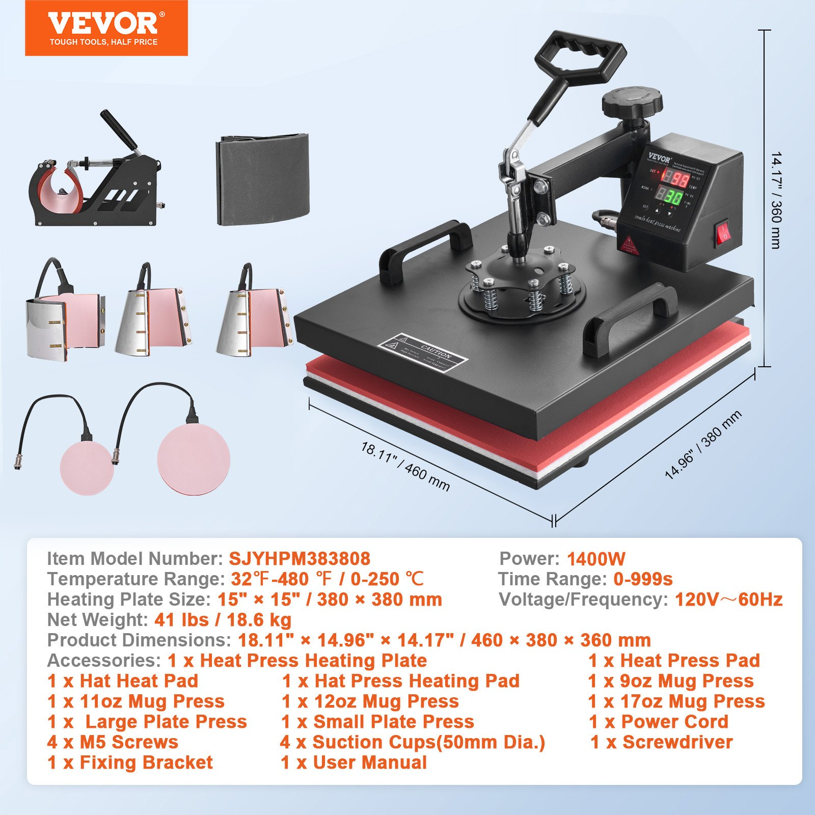 Start2Finish VEVOR 8 in 1 heat press machine with 15x15 inch platen, swing-away design for sublimation and heat transfer projects.
