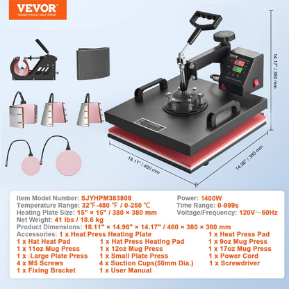 Start2Finish VEVOR 8 in 1 heat press machine with 15x15 inch platen, swing-away design for sublimation and heat transfer projects.