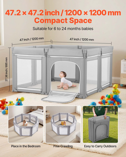 Start2Finish VEVOR baby playpen with foldable design, zippered door, breathable mesh, indoor/outdoor use, for 6-24 month toddlers.