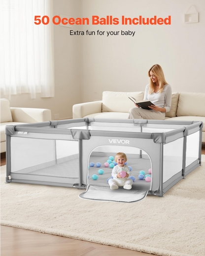 Start2Finish VEVOR baby playpen with mesh sides, zip door, and ocean balls, ideal for indoor and outdoor toddler safety play area.