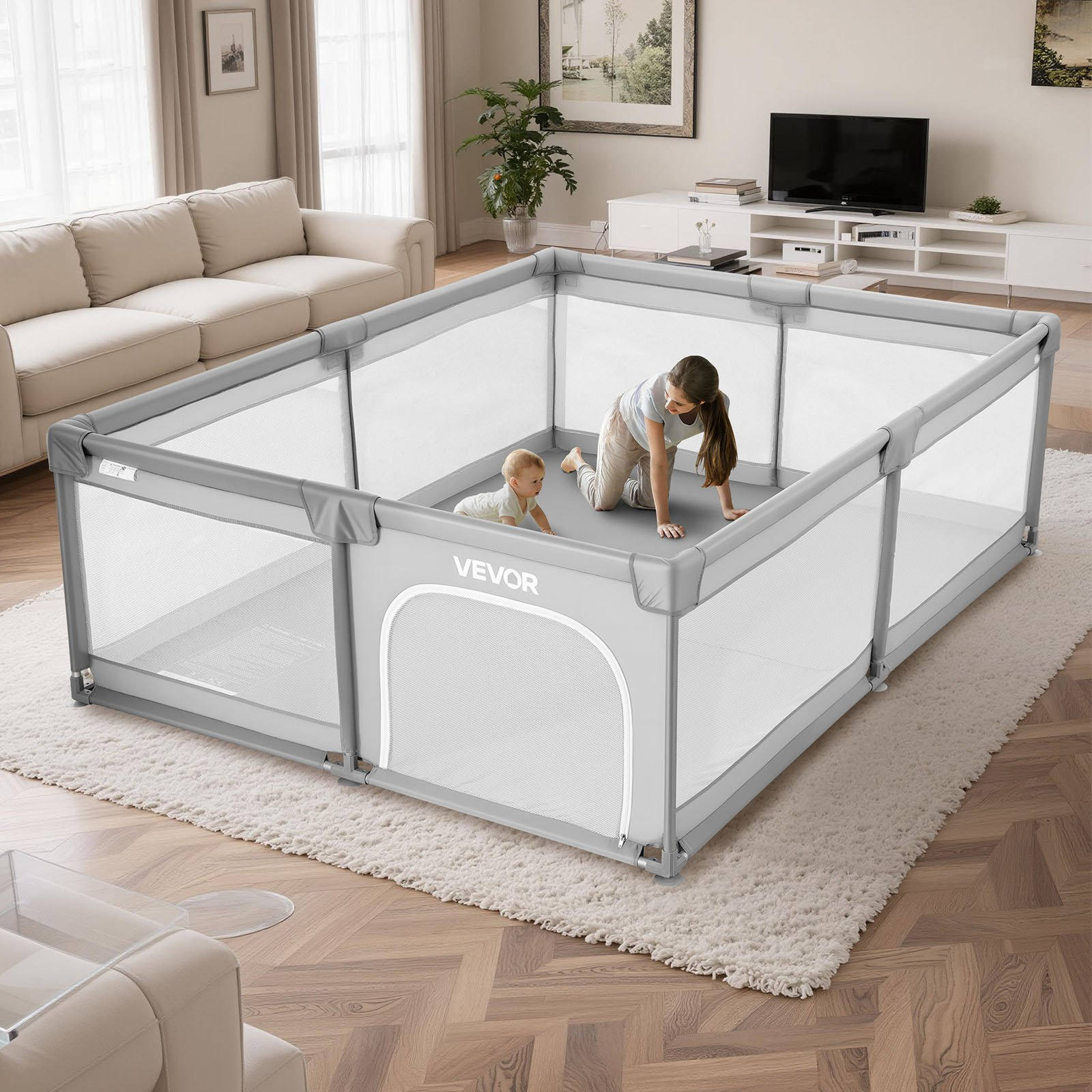 Start2Finish VEVOR baby playpen with zippered door, soft mesh, and ocean balls for indoor and outdoor safety activity.