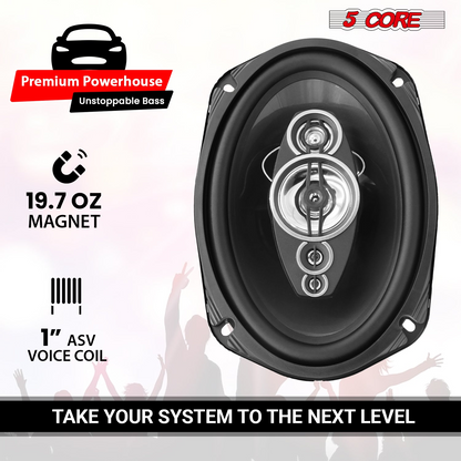 Pair of Start2Finish 6x9 800W car speakers with super tweeters, 4 ohm, 4-way coaxial design for high-quality automotive audio.
