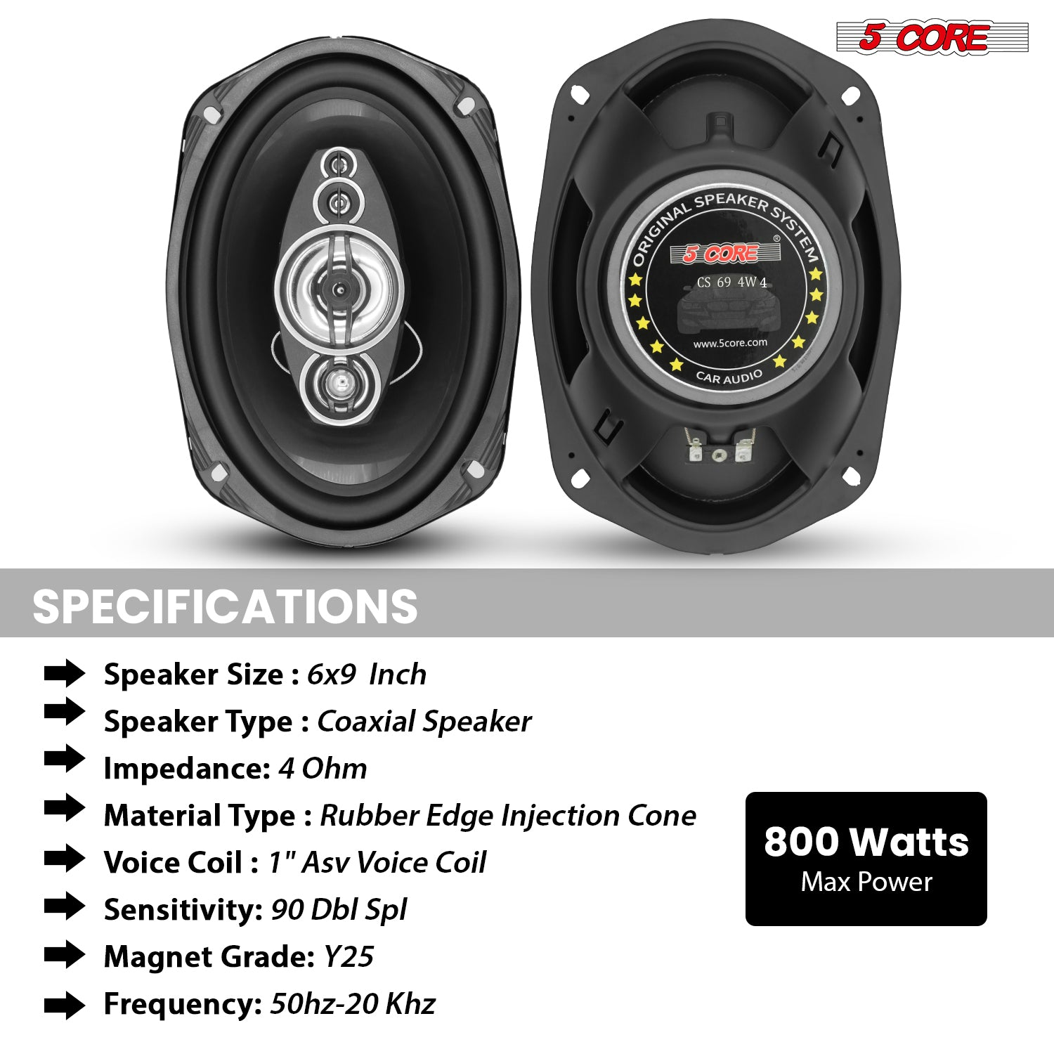 Pair of 5Core 6x9 car speakers with 800W power, 4 ohm impedance, 4-way coaxial design, and super tweeter for automotive audio.