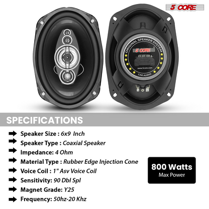 Pair of 5Core 6x9 car speakers with 800W power, 4 ohm impedance, 4-way coaxial design, and super tweeter for automotive audio.