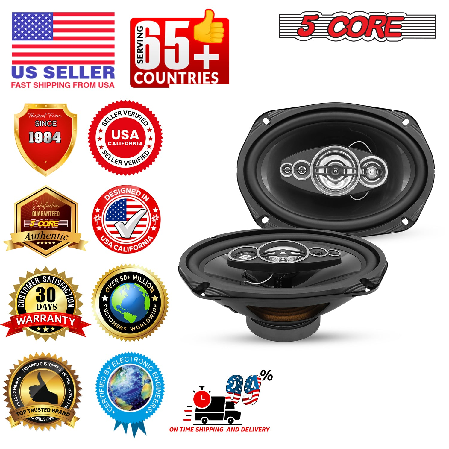 Pair of 5Core 6x9 car speakers with 800W power, 4 ohm impedance, 4-way coaxial design, and super tweeters for automotive audio.