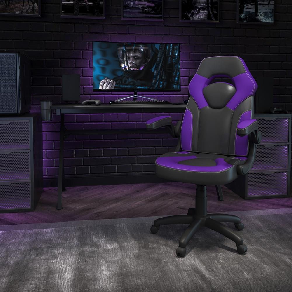 Start2Finish X10 gaming and office chair with purple and black LeatherSoft upholstery, adjustable swivel design, and ergonomic support.