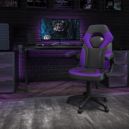 Start2Finish X10 gaming and office chair with purple and black LeatherSoft upholstery, adjustable swivel design, and ergonomic support.